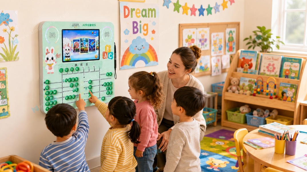 Interactive Preschool Learning Wall Core Features Le mur interactif d'apprentissage préscolaire comprend des modules d'orthographe phonique, d'anglais et de mathématiques pour la maternelle.