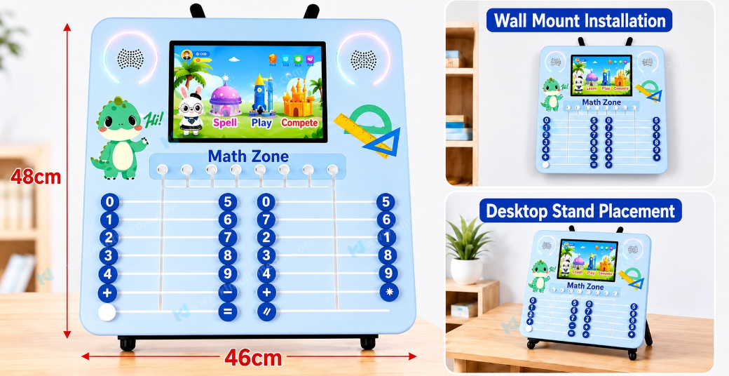 Wall Mounted and Floor Stand Installation Options Options d'installation compactes au mur et sur pied pour mur d'apprentissage interactif préscolaire