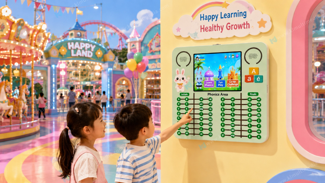 Mur de jeux d'apprentissage interactif install&eacute; dans une aire de jeux int&eacute;rieure pour enfants pour un divertissement &eacute;ducatif