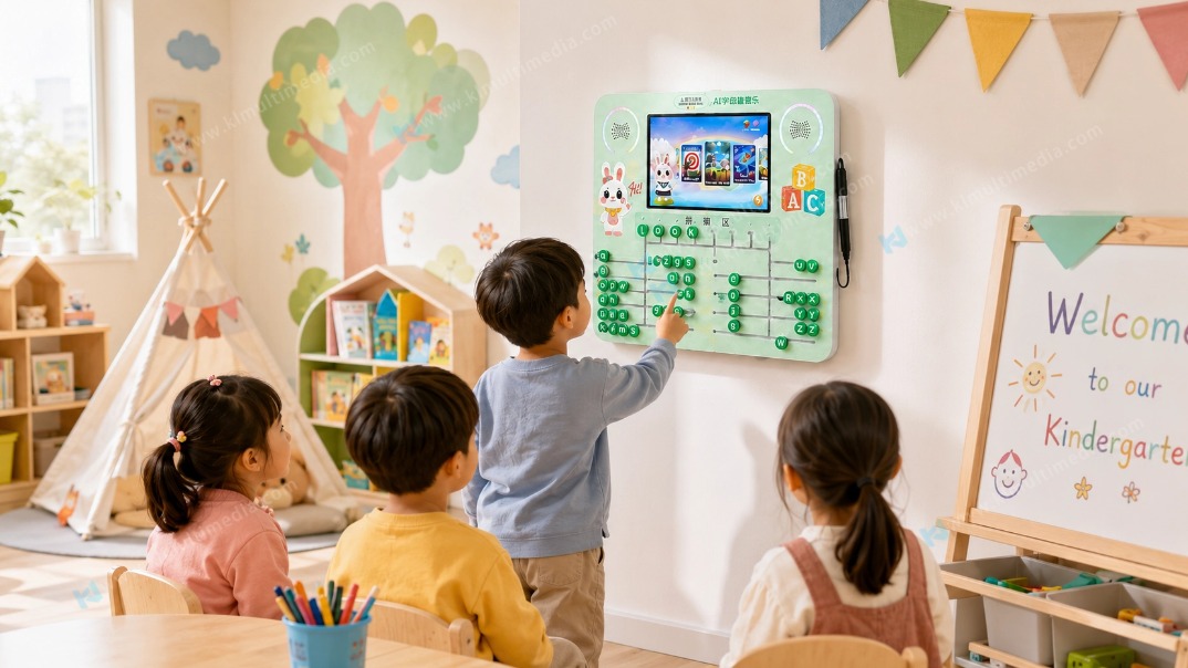 Mur interactif d'apprentissage pr&eacute;scolaire install&eacute; dans une classe de maternelle pour l'&eacute;ducation de la petite enfance